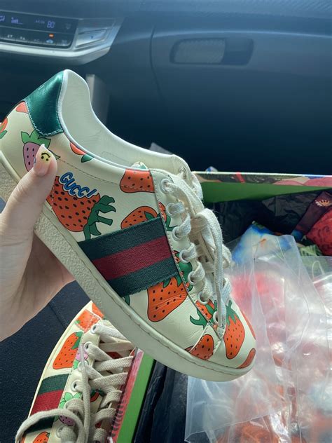 gucci strawberry slippers|Gucci ace metallic snakeskin sneakers.